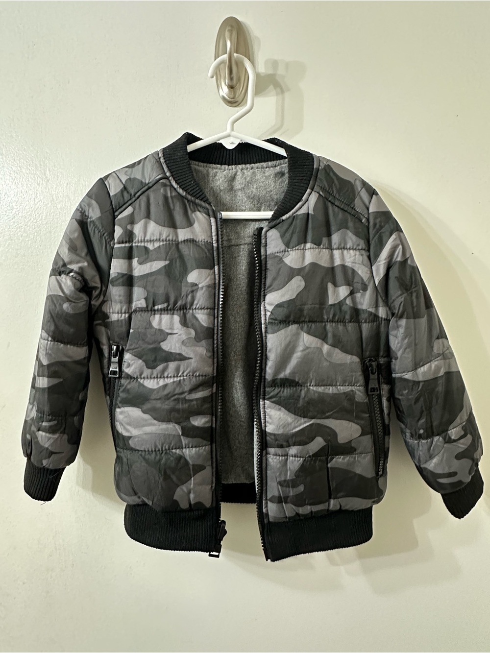 Kids Camo Puffer Reversible Jacket - Gray